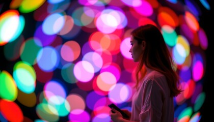 a person stands in front of a vibrant array of colorful lights, which could be interpreted as a digital sign or an art installation