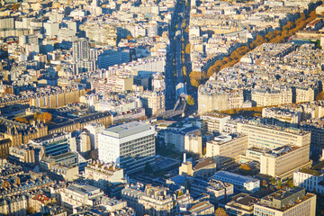 Aerial scenic view from Montparnasse tower to Paris, France.