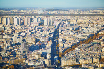 Aerial scenic view from Montparnasse tower to Paris, France.