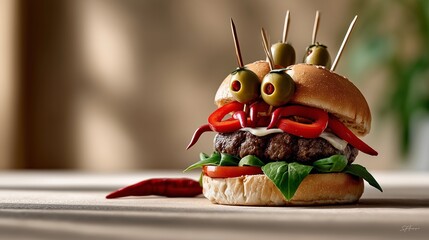 Mix of Halloween food horror and humor. Triple-stacked burger with olive eyeballs on toothpicks and 'tentacles' made of red pepper strips, bun slightly tilted. On a soft clay beige background.