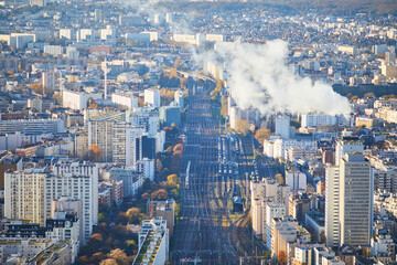Aerial scenic view from Montparnasse tower to Paris, France.
