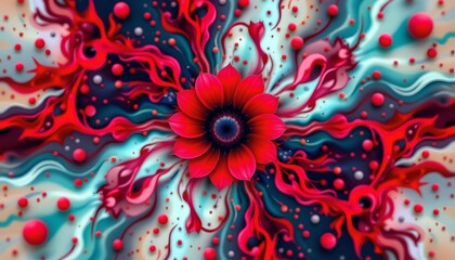 an intricate digital art piece characterized by vibrant red flowers blooming against a background of interstellar cosmic splashes