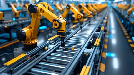 Robotic arms working on assembly line in modern factory