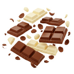 Fototapeta premium Delicious chocolate bars with various inclusions and toppings appear to float creating a tempting and appetizing visual for dessert lovers.