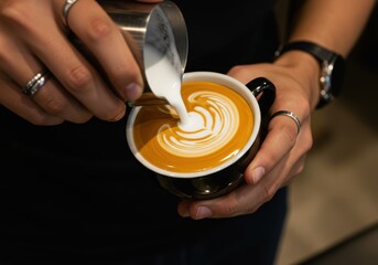 Barista Making Latte Art in Cafe Hand Coffee Drink Preparation Professional Skill