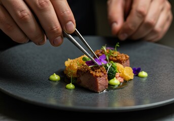 Chef Garnishing Dish in Kitchen Hand Food Preparation Gourmet Restaurant Professional