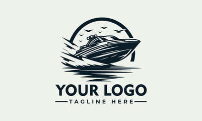 A stylized illustration of a speedboat racing across water with birds in the sky.