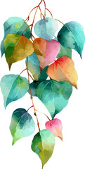Branch with green leaves, multicolor summer Falling Orange Flower Petals watercolor illustration on white