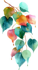 Branch with green leaves, multicolor summer Falling Orange Flower Petals watercolor illustration on white