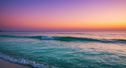 Beautiful purple sunset sky over a beach with waves. Suitable for travel blogs, vacation brochures, relaxationthemed websites, and inspirational content.