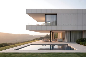 Modern luxury villa with infinity pool overlooking rolling hills at sunset