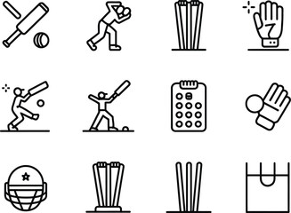 Fototapeta premium Collection of cricket sport icons and symbols in outline style