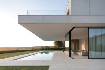 Fototapeta premium Modern luxury villa with infinity pool and sunset views