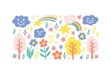 Crayon-style doodle art of whimsical flowers, sparkling stars, trees, and happy clouds that capture a dreamy, fairy-tale essence with cheerful, lighthearted energy.