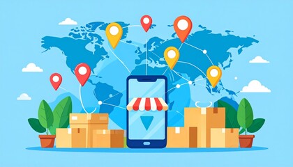 Cartoon globe with location pins and interconnected mobile phones with store facades, symbolizing global store presence, local SEO, customer reviews, and mobile marketing.