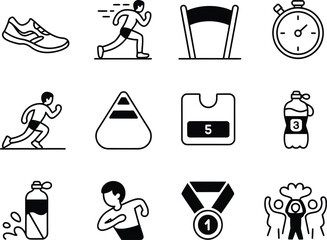 Collection of running and sports icons with a finish line and stopwatch