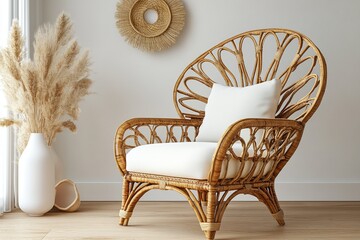 rattan armchair with white cushions, placed against the wall in an elegant interior design style, elegant vase holding pampas grass, cozy home interior design, relaxation or social gatherings