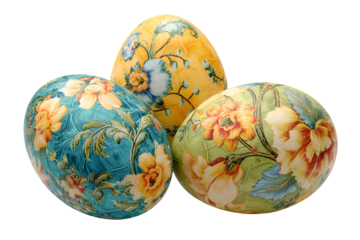 Three decorative easter eggs with floral patterns isolated on transparent background
