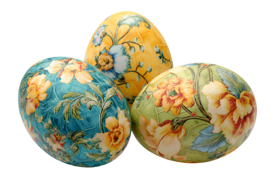 Three decorative easter eggs with floral patterns isolated on transparent background - Powered by Adobe