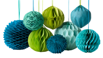 Collection of colorful honeycomb paper decorations isolated on transparent background