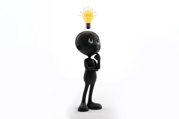 Thinking character with light bulb above head represents ideas and creativity in a minimalistic design studio