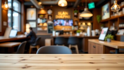 Fototapeta premium a modern coffee shop interior with a barista station and seating area featuring tables with chairs and visible signage