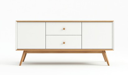 Modern white sideboard with wooden legs, white background, front view, product design renderings