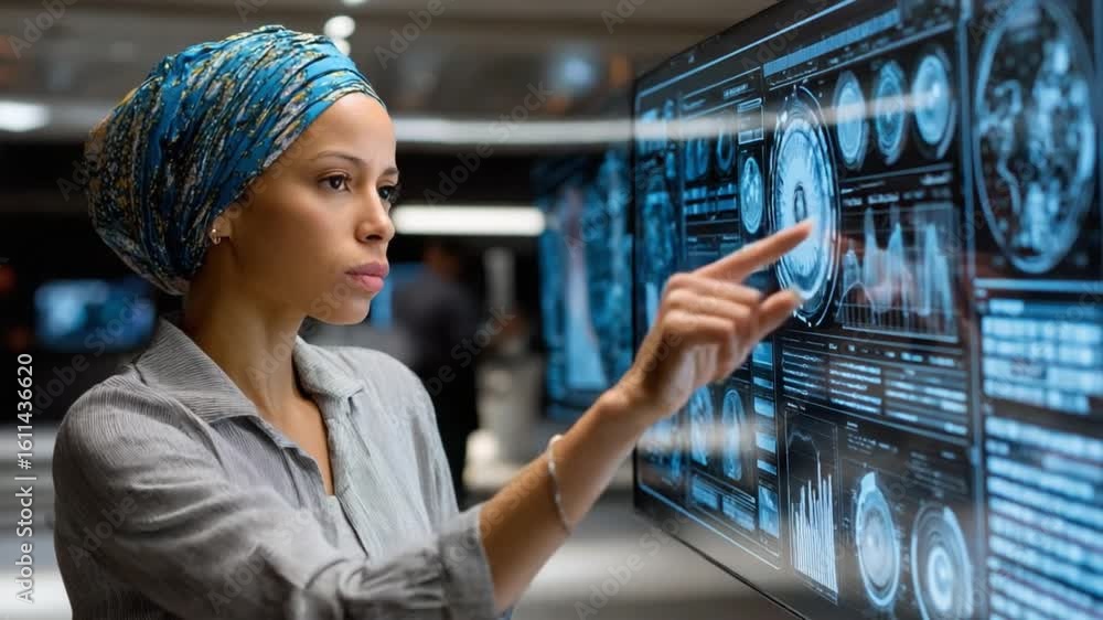 Poster intelligent analysis: a focused woman interacts with a high-tech, transparent display, likely analyz