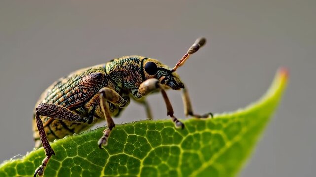 Closeup of a colorful insect crawling on a green leaf with detailed textures and vivid colors
