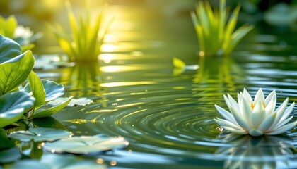 a serene lily pad pond filled with tranquil green water. scattered throughout the water are vibrant flowers in full bloom. above these blossoms floats a single white lily pad