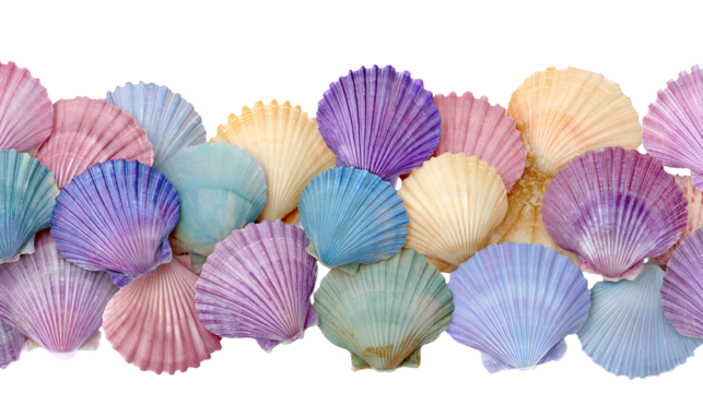 Collection of colorful scallop seashells isolated on transparent background