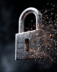 Digital padlock breaking into particles, glowing fragments flying in space, symbolic concept of cyber vulnerability, dark background, highly detailed macro-style
