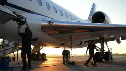 Airplane maintenance crew working under the belly of a large jet aircraft at sunrise