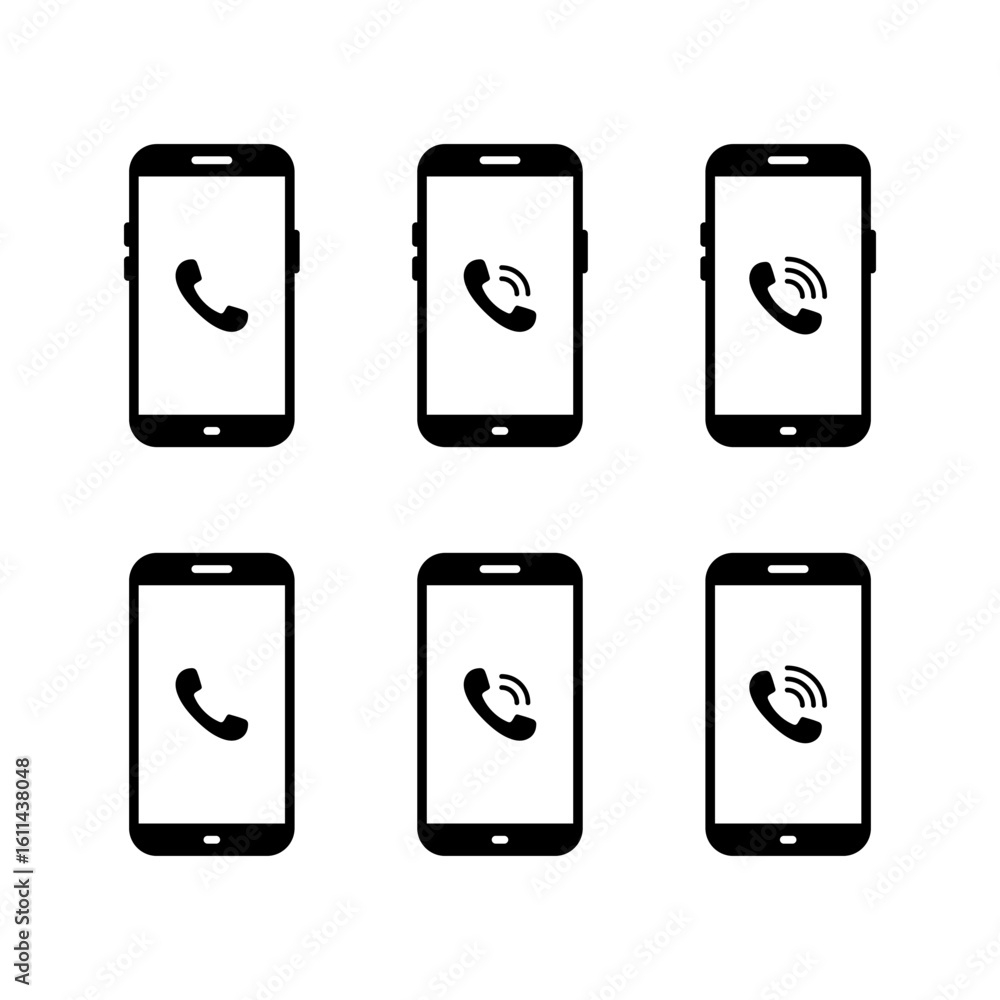 Poster mobile phone interface with incoming call symbol. ringing smartphone icon set