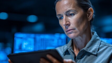 Cybersecurity expert monitoring threat alerts on multiple screens, dark office with glowing monitors, intense expression, futuristic cyber defense center