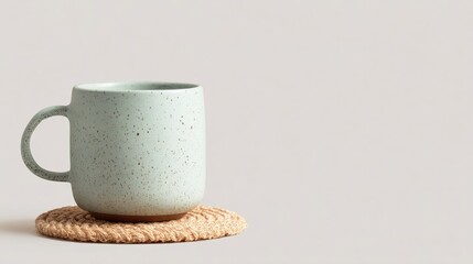 Speckled mint green ceramic mug on a woven coaster in a minimalist setting