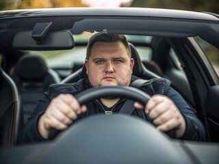 Obraz premium Focused man gripping steering wheel inside vehicle with blurry background outside