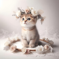 sweet little kitten sits gracefully in the center of a white background with a delicate flower crown