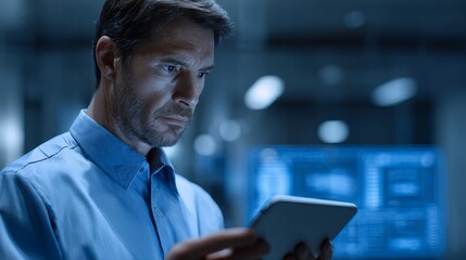 Cybersecurity expert monitoring threat alerts on multiple screens, dark office with glowing monitors, intense expression, futuristic cyber defense center