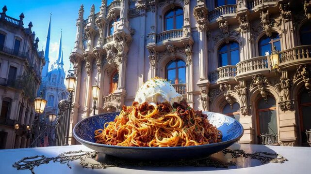 Giant plate of spaghetti topped with burrata cheese is placed in front of beautiful urban building.
