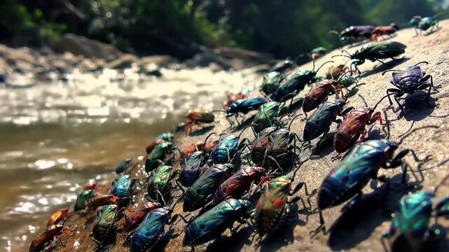 Vibrant insects clustered on rocks near a stream
