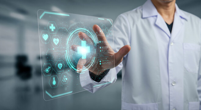 Doctor interacts with a futuristic holographic medical interface. Concept of digital health, AI, big data, and innovative healthcare technology - Powered by Adobe