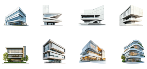 A collection of modern architectural designs with a focus on sleek, angular forms.