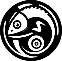 Minimalist black and white chameleon icon with clean lines. Geometric, scalable design, perfect for stickers, logos, or digital use.