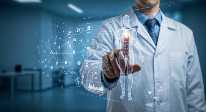 Medical professional interacts with a futuristic holographic human body, showcasing advanced diagnostic technology and the future of digital healthcare - Powered by Adobe