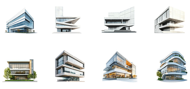 A collection of modern architectural designs with a focus on sleek, angular forms.