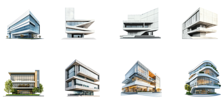 A collection of modern architectural designs with a focus on sleek, angular forms.