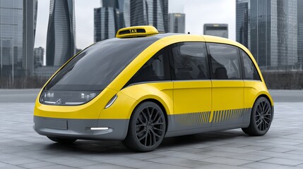 Self-driving electric taxi with digital interface, no driver, picking up passengers in modern city, clean design, futuristic environment, photorealistic