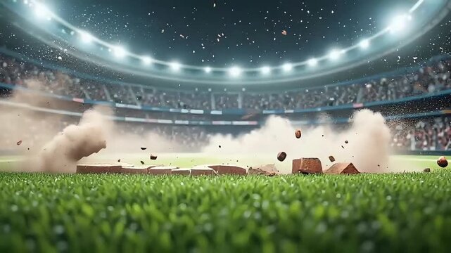 Energetic cricket stadium scene with bold CRICKET text on the pitch, ideal for sports intros, match openers, or action-packed cricket promos.