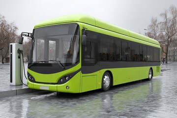 Electric city bus at charging station, clean energy icon